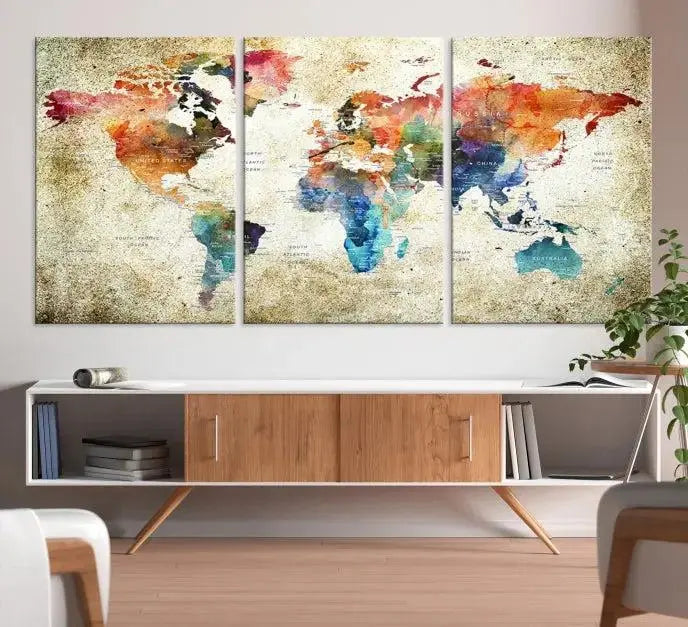 Push Pin Watercolor World Map Wall Art, Colorful Push Pin Travel Map