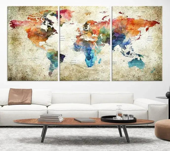 Push Pin Watercolor World Map Wall Art, Colorful Push Pin Travel Map