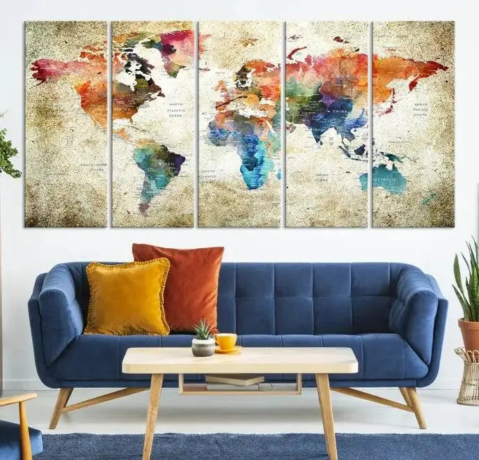 Push Pin Watercolor World Map Wall Art, Colorful Push Pin Travel Map 