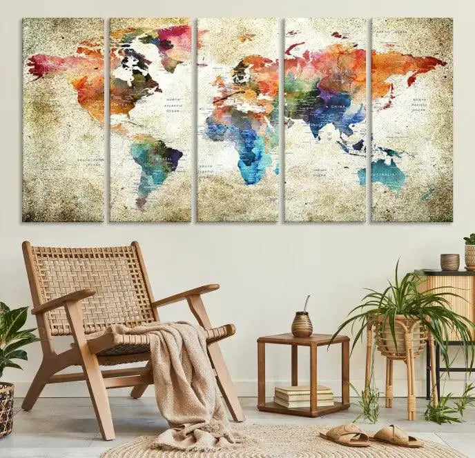 Push Pin Watercolor World Map Wall Art, Colorful Push Pin Travel Map 