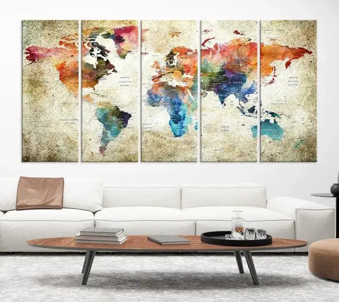 Push Pin Watercolor World Map Wall Art, Colorful Push Pin Travel Map 