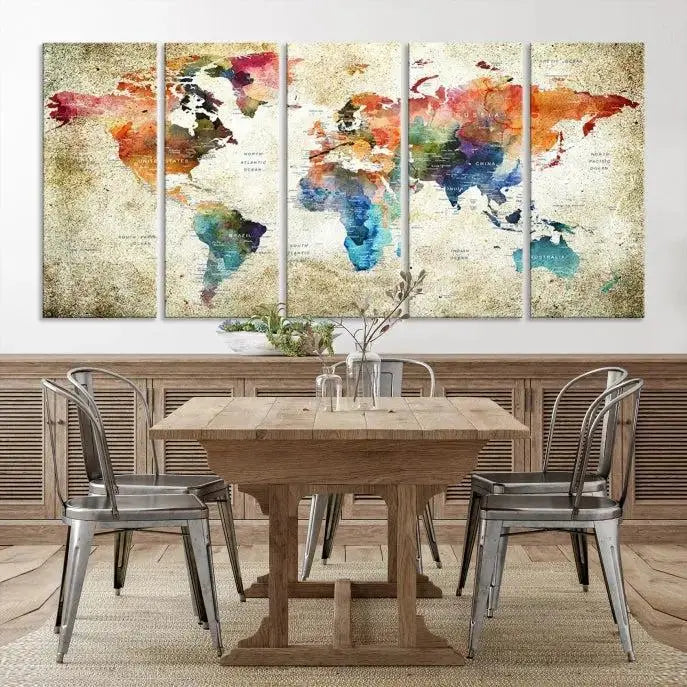 Push Pin Watercolor World Map Wall Art, Colorful Push Pin Travel Map 