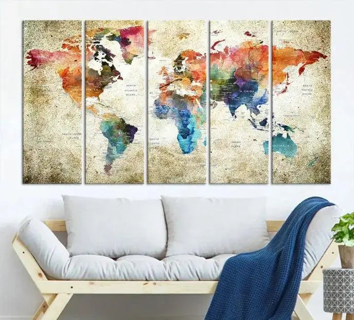 Push Pin Watercolor World Map Wall Art, Colorful Push Pin Travel Map 