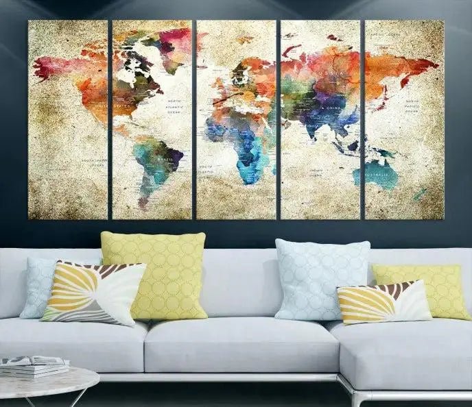 Push Pin Watercolor World Map Wall Art, Colorful Push Pin Travel Map 