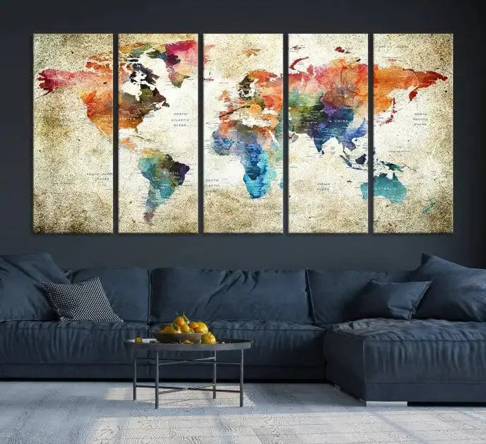 Push Pin Watercolor World Map Wall Art, Colorful Push Pin Travel Map 