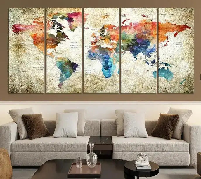 Push Pin Watercolor World Map Wall Art, Colorful Push Pin Travel Map 