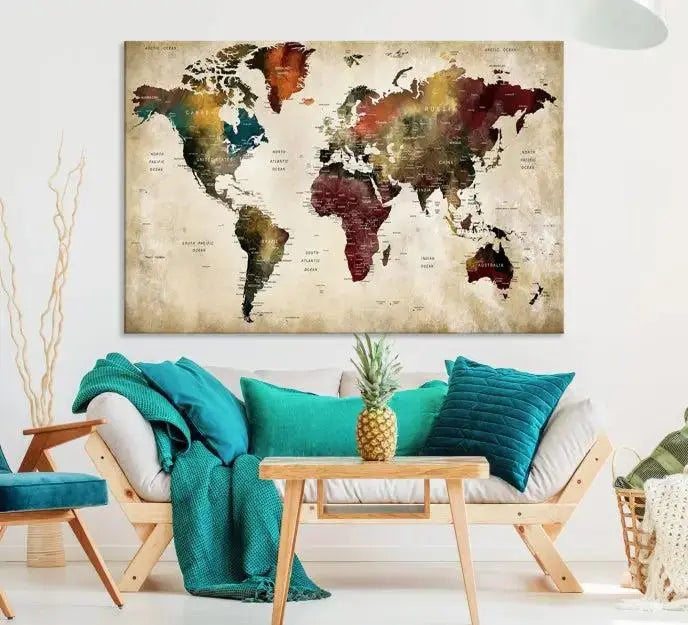 A Push Pin Watercolor World Map on a grunge background, printed on museum-quality canvases and gallery wrapped for a polished finish, hangs prominently on the wall.