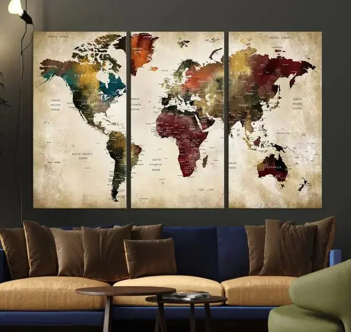 A Push Pin Watercolor World Map on a grunge background, printed on museum-quality canvases and gallery wrapped for a polished finish, hangs prominently on the wall.