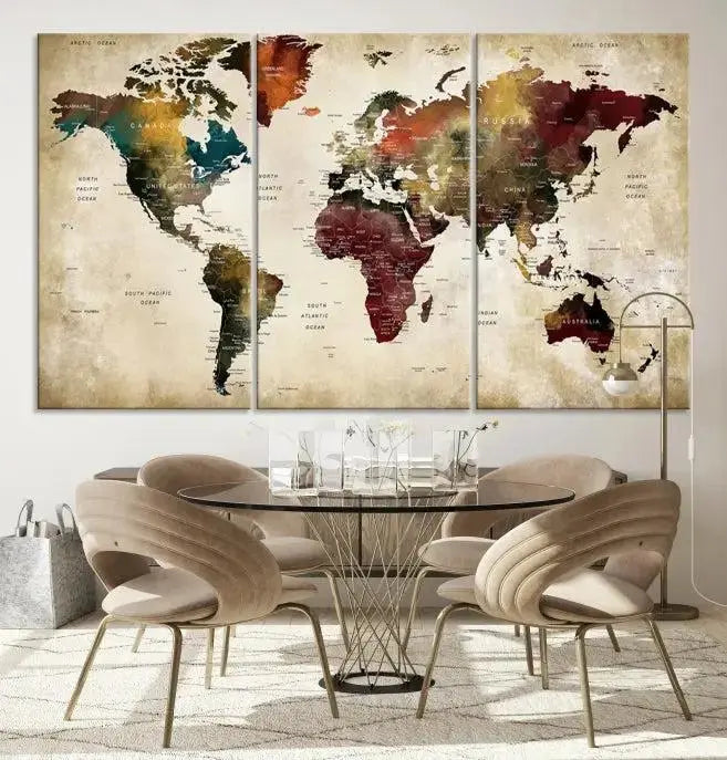 A Push Pin Watercolor World Map on a grunge background, printed on museum-quality canvases and gallery wrapped for a polished finish, hangs prominently on the wall.