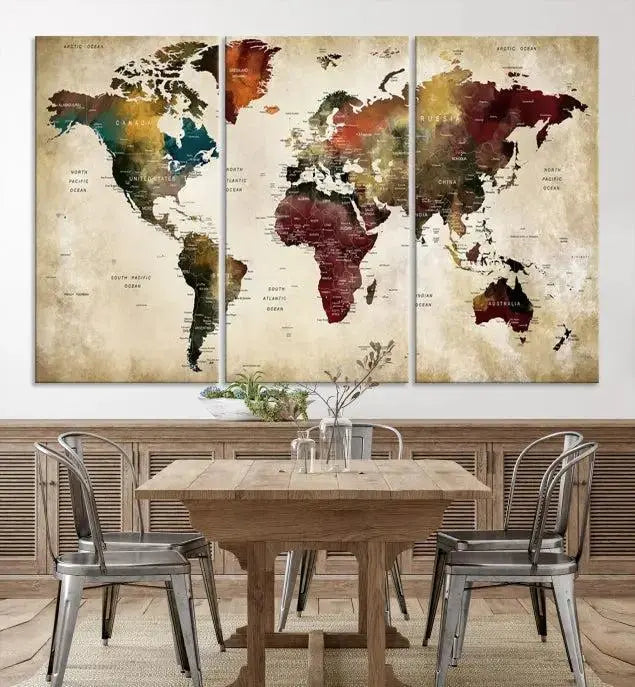 A Push Pin Watercolor World Map on a grunge background, printed on museum-quality canvases and gallery wrapped for a polished finish, hangs prominently on the wall.