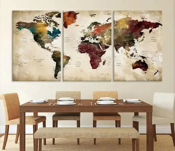 A Push Pin Watercolor World Map on a grunge background, printed on museum-quality canvases and gallery wrapped for a polished finish, hangs prominently on the wall.