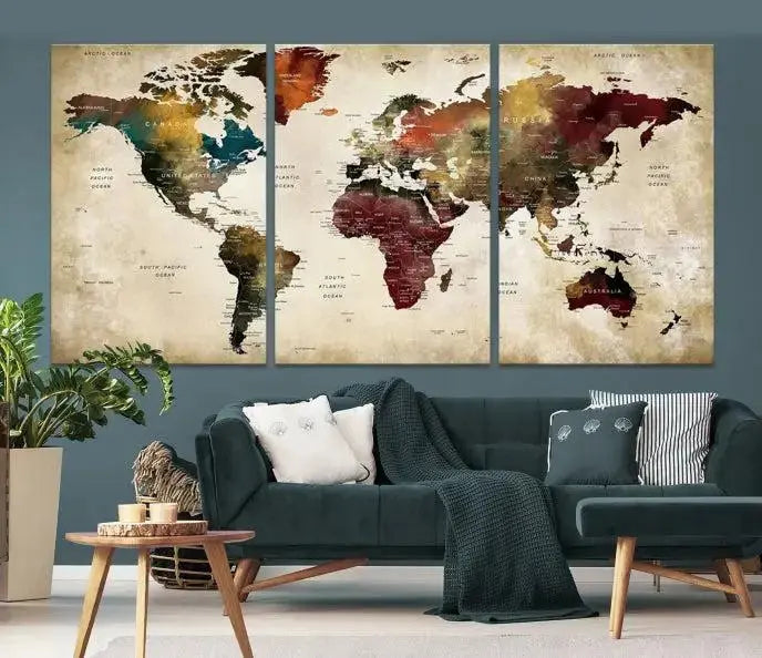 A Push Pin Watercolor World Map on a grunge background, printed on museum-quality canvases and gallery wrapped for a polished finish, hangs prominently on the wall.