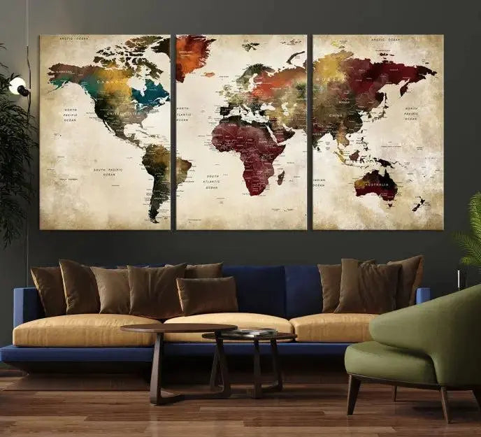 A Push Pin Watercolor World Map on a grunge background, printed on museum-quality canvases and gallery wrapped for a polished finish, hangs prominently on the wall.