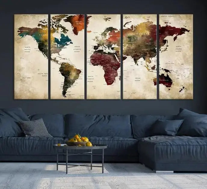 A Push Pin Watercolor World Map on a grunge background, printed on museum-quality canvases and gallery wrapped for a polished finish, hangs prominently on the wall.