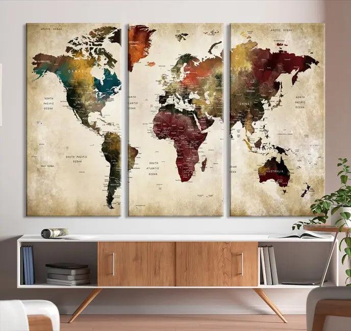 A Push Pin Watercolor World Map on a grunge background, printed on museum-quality canvases and gallery wrapped for a polished finish, hangs prominently on the wall.