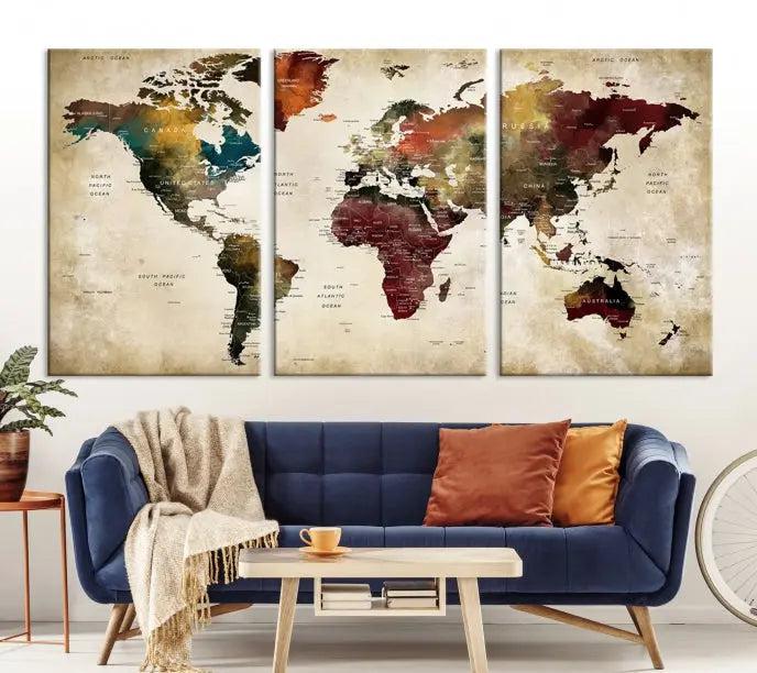 A Push Pin Watercolor World Map on a grunge background, printed on museum-quality canvases and gallery wrapped for a polished finish, hangs prominently on the wall.