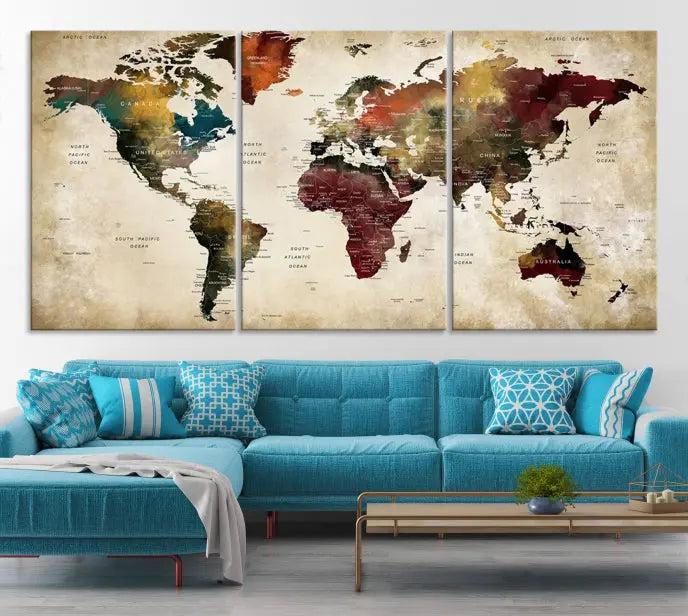 A Push Pin Watercolor World Map on a grunge background, printed on museum-quality canvases and gallery wrapped for a polished finish, hangs prominently on the wall.