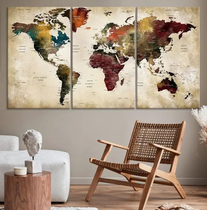 A Push Pin Watercolor World Map on a grunge background, printed on museum-quality canvases and gallery wrapped for a polished finish, hangs prominently on the wall.