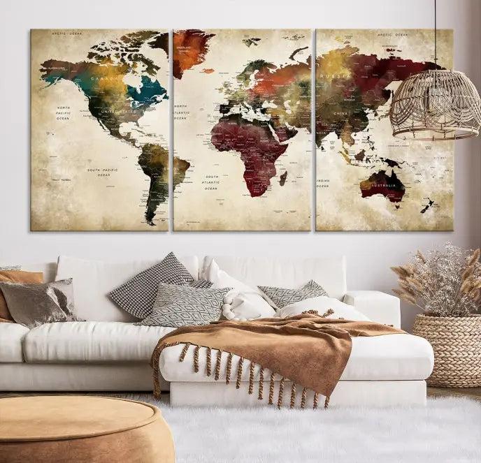 A Push Pin Watercolor World Map on a grunge background, printed on museum-quality canvases and gallery wrapped for a polished finish, hangs prominently on the wall.