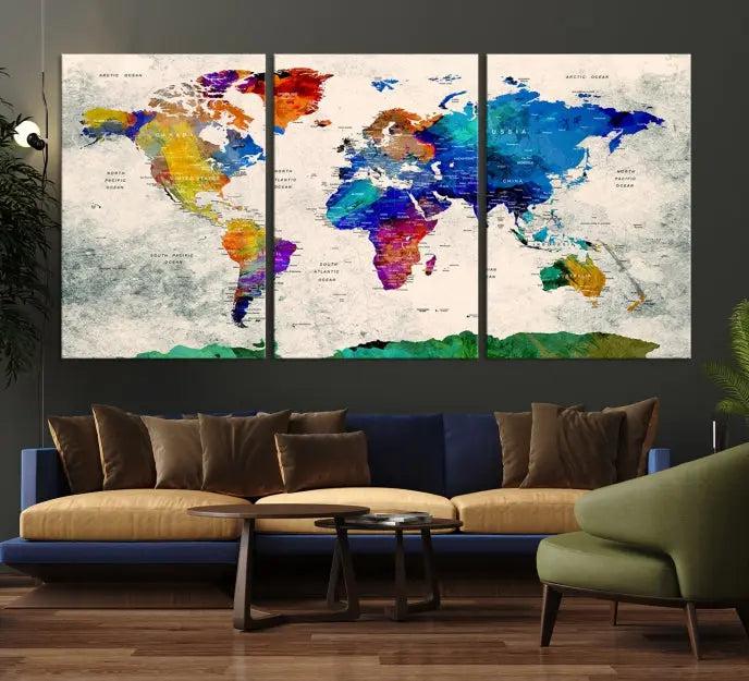 The "Push Pin World Map Canvas Print," a vibrant, museum-quality three-panel artwork with a UV-protective coating, is poised to enhance your living space.