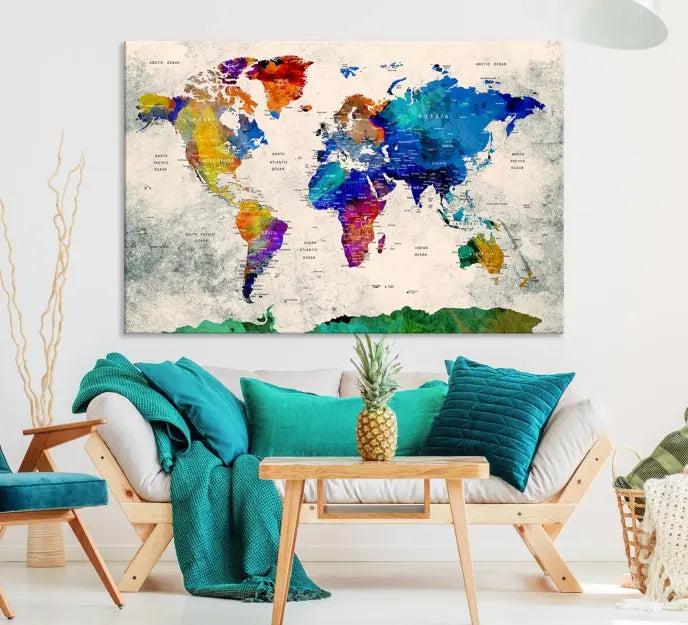 The "Push Pin World Map Canvas Print," a vibrant, museum-quality three-panel artwork with a UV-protective coating, is poised to enhance your living space.