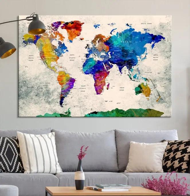 The "Push Pin World Map Canvas Print," a vibrant, museum-quality three-panel artwork with a UV-protective coating, is poised to enhance your living space.