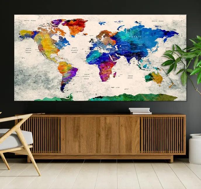 The "Push Pin World Map Canvas Print," a vibrant, museum-quality three-panel artwork with a UV-protective coating, is poised to enhance your living space.