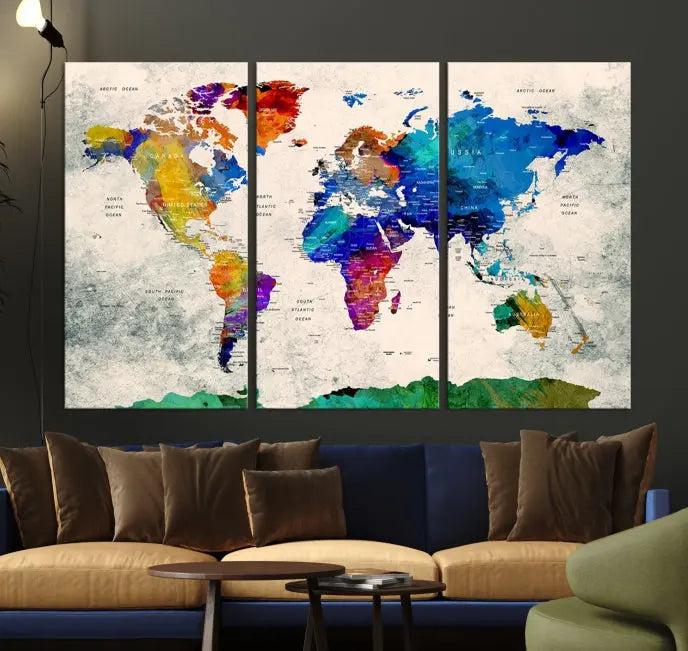 The "Push Pin World Map Canvas Print," a vibrant, museum-quality three-panel artwork with a UV-protective coating, is poised to enhance your living space.