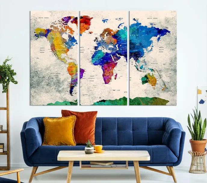 The "Push Pin World Map Canvas Print," a vibrant, museum-quality three-panel artwork with a UV-protective coating, is poised to enhance your living space.