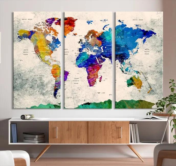 The "Push Pin World Map Canvas Print," a vibrant, museum-quality three-panel artwork with a UV-protective coating, is poised to enhance your living space.