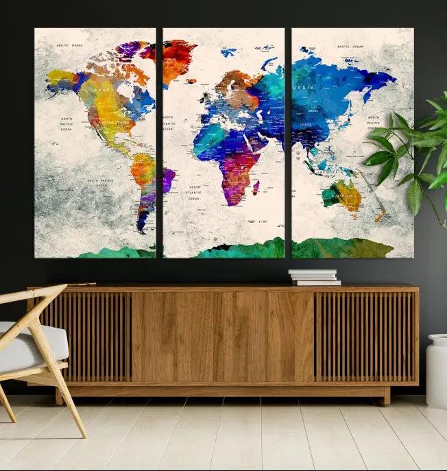 The "Push Pin World Map Canvas Print," a vibrant, museum-quality three-panel artwork with a UV-protective coating, is poised to enhance your living space.