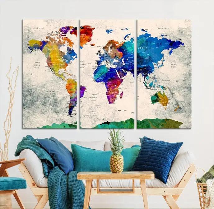 The "Push Pin World Map Canvas Print," a vibrant, museum-quality three-panel artwork with a UV-protective coating, is poised to enhance your living space.