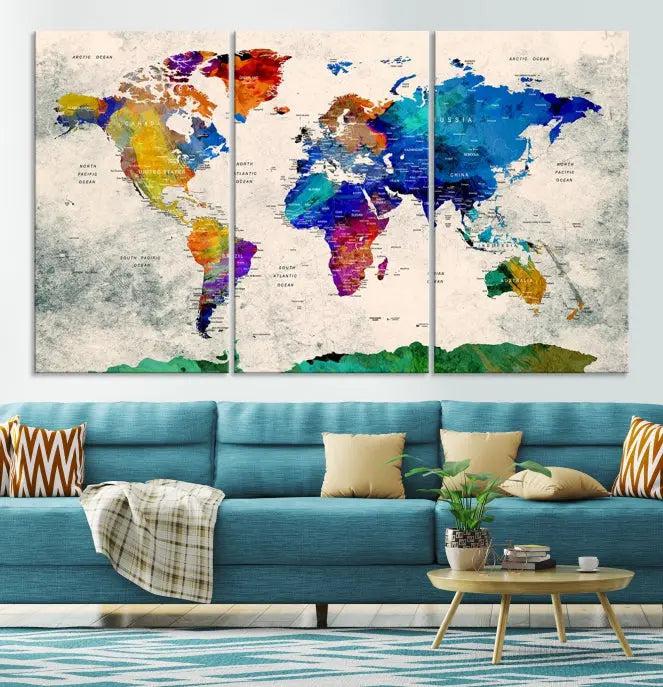 The "Push Pin World Map Canvas Print," a vibrant, museum-quality three-panel artwork with a UV-protective coating, is poised to enhance your living space.