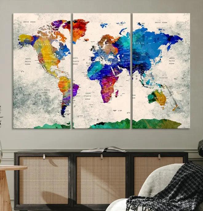 The "Push Pin World Map Canvas Print," a vibrant, museum-quality three-panel artwork with a UV-protective coating, is poised to enhance your living space.