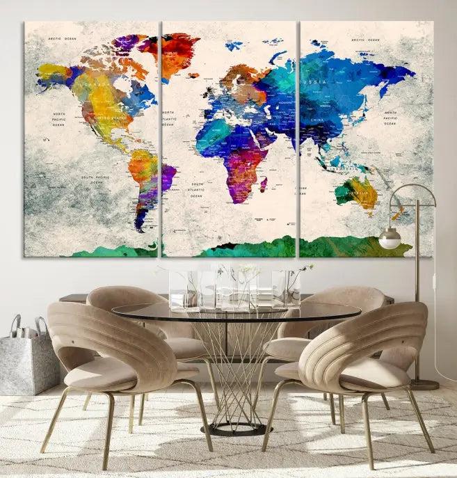 The "Push Pin World Map Canvas Print," a vibrant, museum-quality three-panel artwork with a UV-protective coating, is poised to enhance your living space.