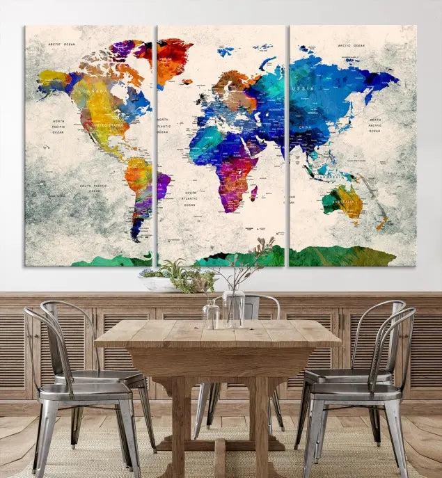 The "Push Pin World Map Canvas Print," a vibrant, museum-quality three-panel artwork with a UV-protective coating, is poised to enhance your living space.