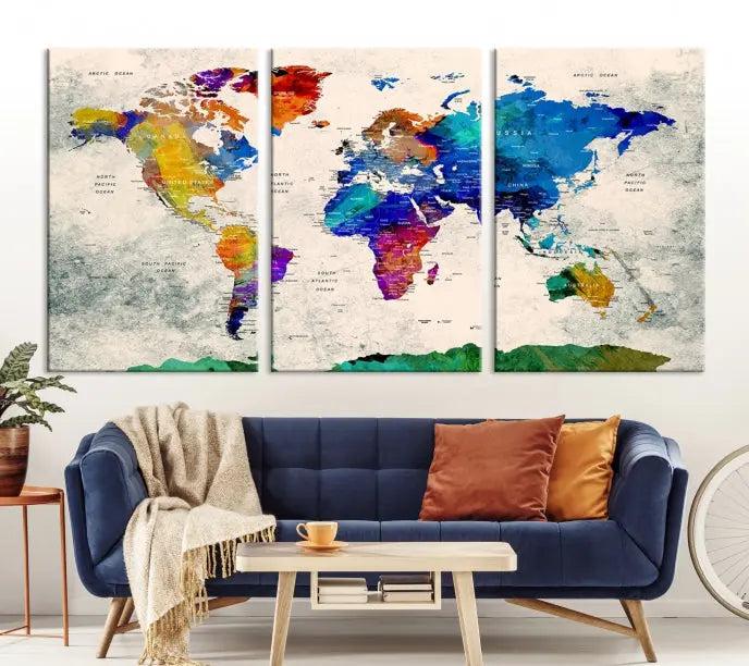 The "Push Pin World Map Canvas Print," a vibrant, museum-quality three-panel artwork with a UV-protective coating, is poised to enhance your living space.