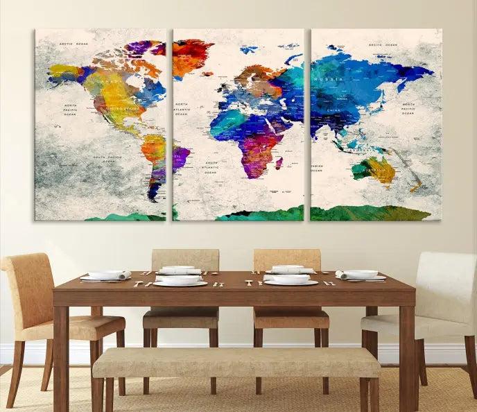 The "Push Pin World Map Canvas Print," a vibrant, museum-quality three-panel artwork with a UV-protective coating, is poised to enhance your living space.