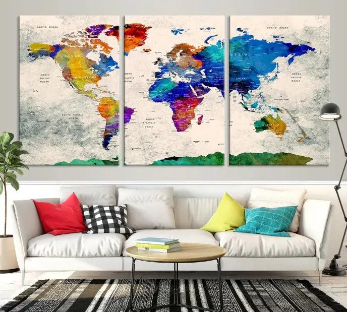 The "Push Pin World Map Canvas Print," a vibrant, museum-quality three-panel artwork with a UV-protective coating, is poised to enhance your living space.