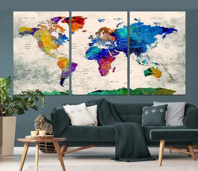 The "Push Pin World Map Canvas Print," a vibrant, museum-quality three-panel artwork with a UV-protective coating, is poised to enhance your living space.