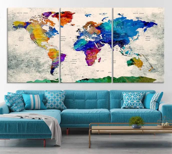 The "Push Pin World Map Canvas Print," a vibrant, museum-quality three-panel artwork with a UV-protective coating, is poised to enhance your living space.