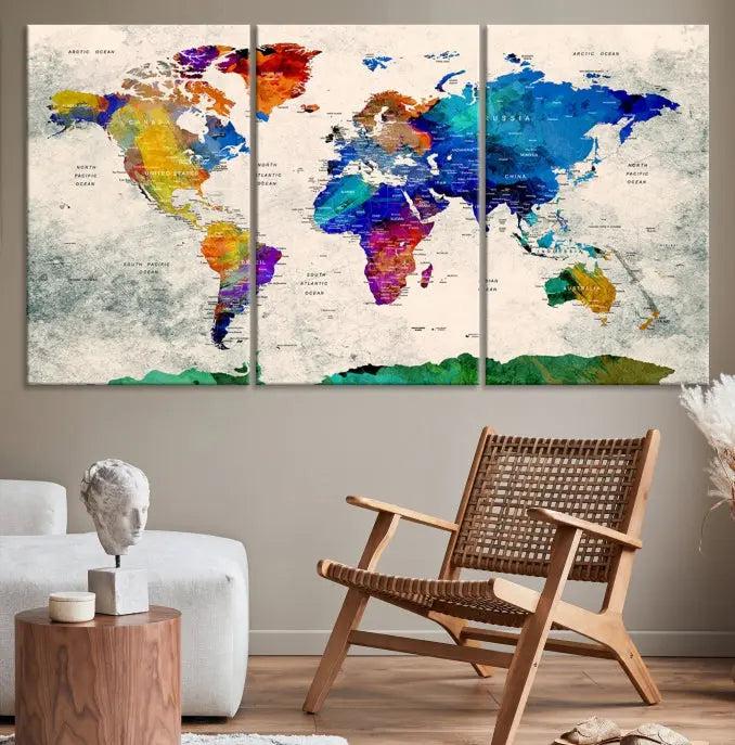 The "Push Pin World Map Canvas Print," a vibrant, museum-quality three-panel artwork with a UV-protective coating, is poised to enhance your living space.