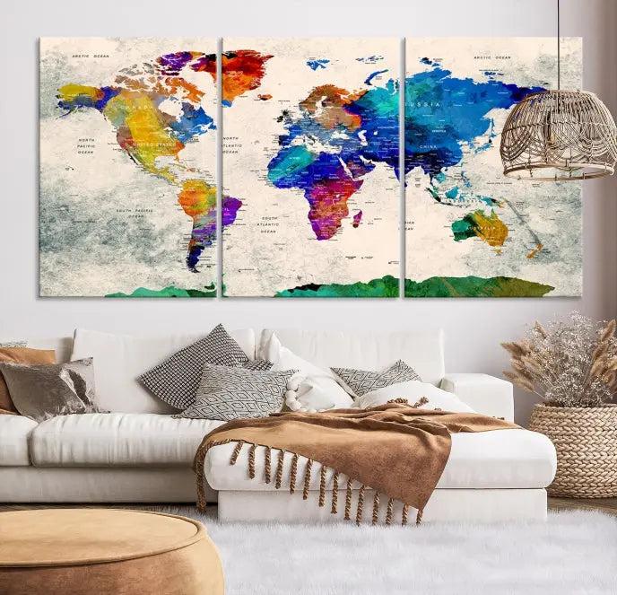 The "Push Pin World Map Canvas Print," a vibrant, museum-quality three-panel artwork with a UV-protective coating, is poised to enhance your living space.