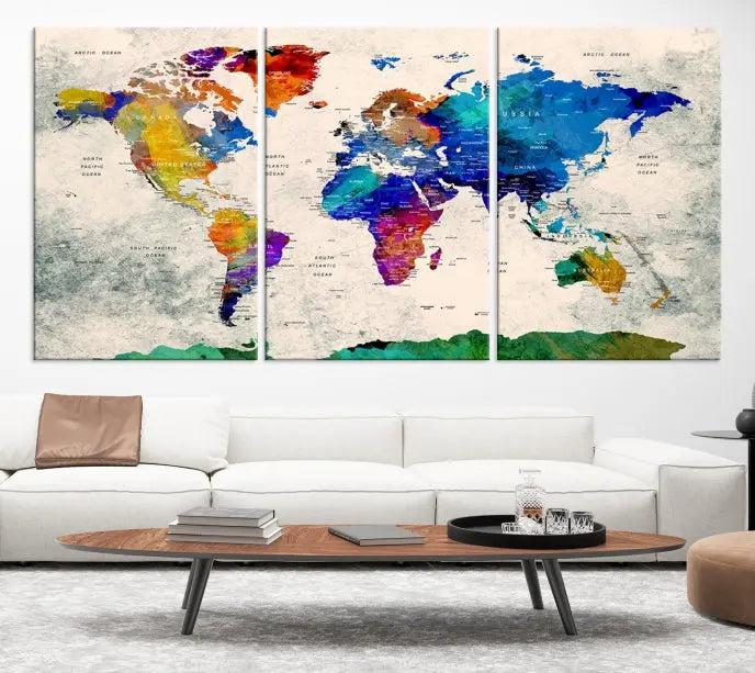 The "Push Pin World Map Canvas Print," a vibrant, museum-quality three-panel artwork with a UV-protective coating, is poised to enhance your living space.