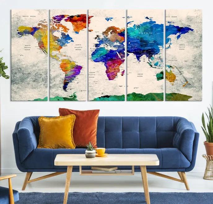 The "Push Pin World Map Canvas Print," a vibrant, museum-quality three-panel artwork with a UV-protective coating, is poised to enhance your living space.