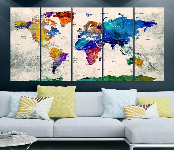 The "Push Pin World Map Canvas Print," a vibrant, museum-quality three-panel artwork with a UV-protective coating, is poised to enhance your living space.