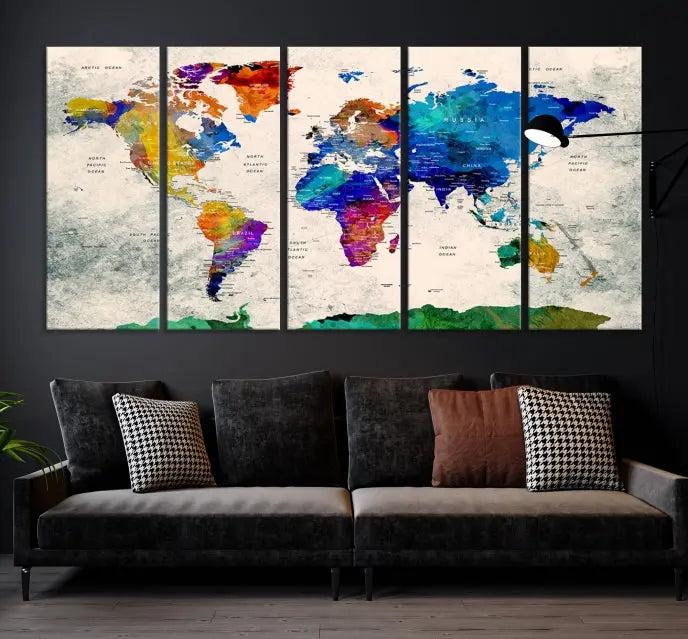 The "Push Pin World Map Canvas Print," a vibrant, museum-quality three-panel artwork with a UV-protective coating, is poised to enhance your living space.