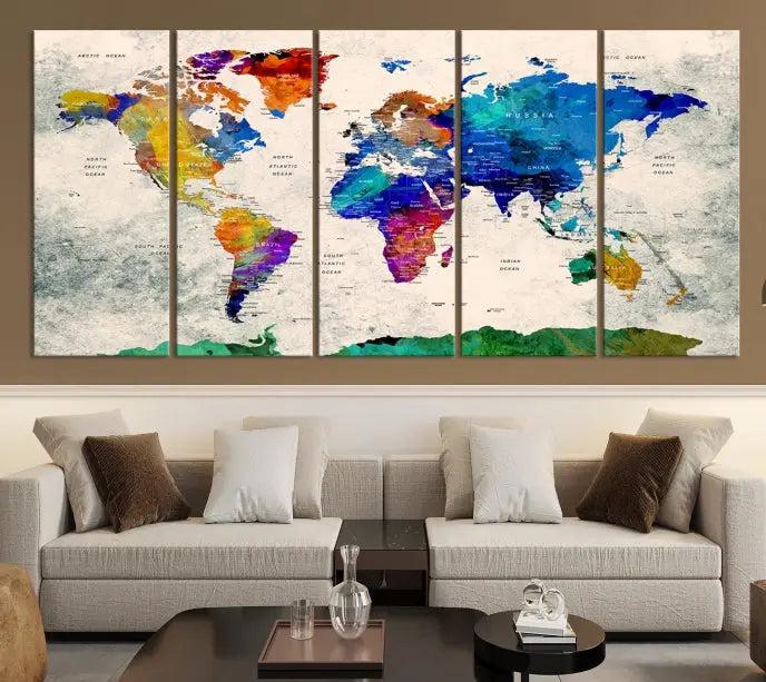 The "Push Pin World Map Canvas Print," a vibrant, museum-quality three-panel artwork with a UV-protective coating, is poised to enhance your living space.