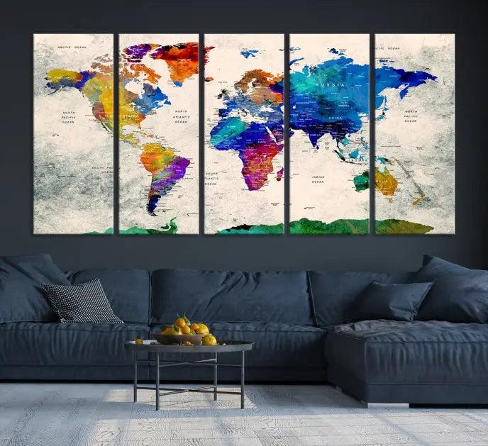 The "Push Pin World Map Canvas Print," a vibrant, museum-quality three-panel artwork with a UV-protective coating, is poised to enhance your living space.