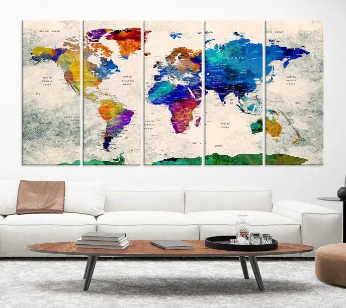 The "Push Pin World Map Canvas Print," a vibrant, museum-quality three-panel artwork with a UV-protective coating, is poised to enhance your living space.